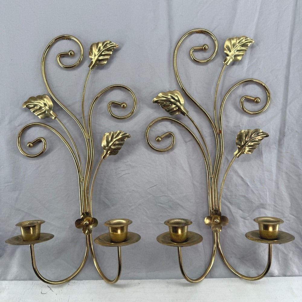 Home Interiors & Gifts Gold Metal Leaf Branch Wall Sconce Candle Holders Pair